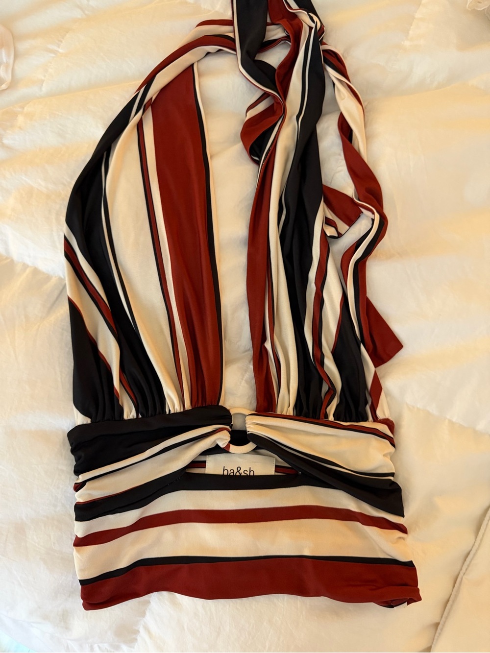 ba&sh Striped Halter Top in Rust, Black & Cream with Ring Detail